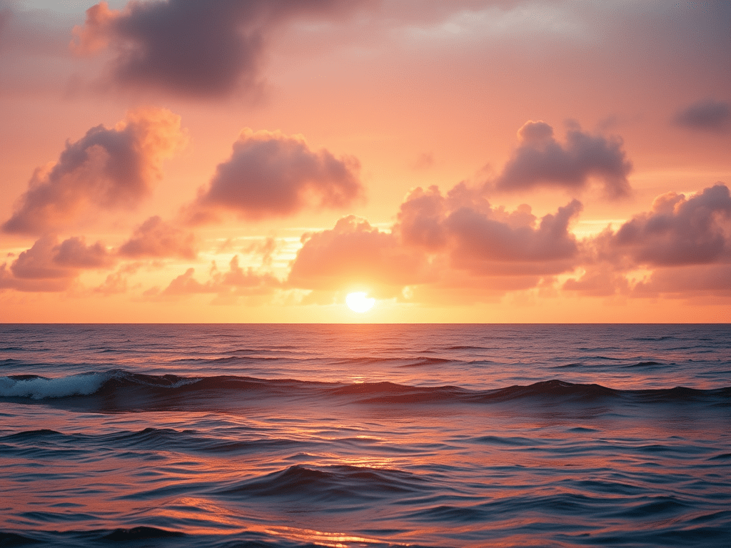 Sunlight breaking through morning clouds over calm ocean waters.