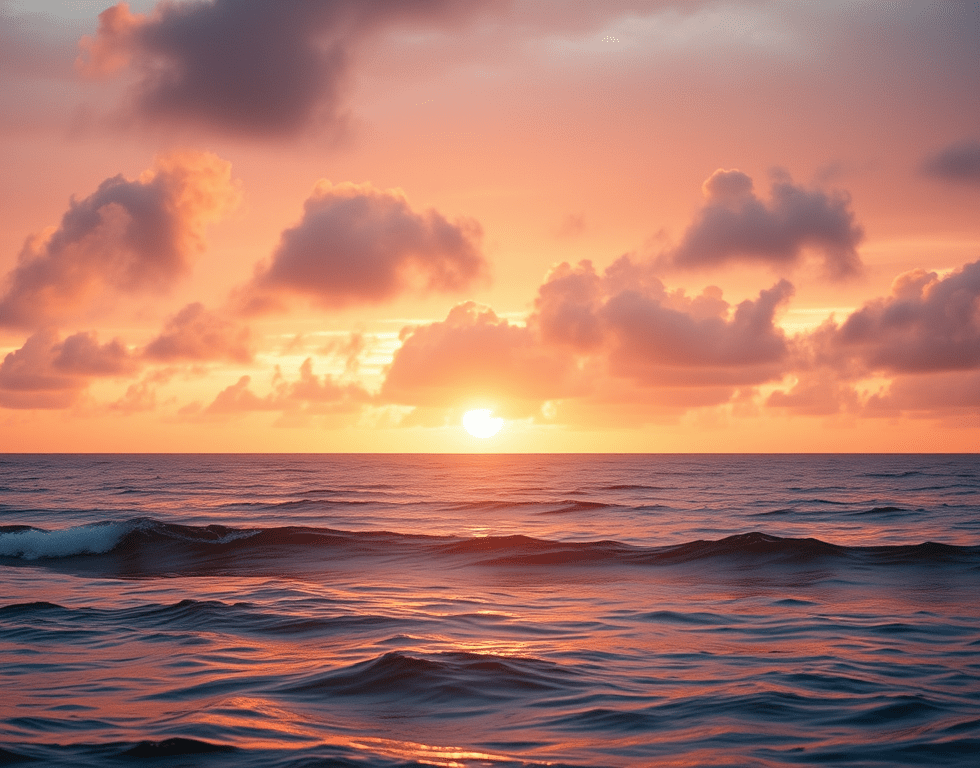 Sunlight breaking through morning clouds over calm ocean waters.