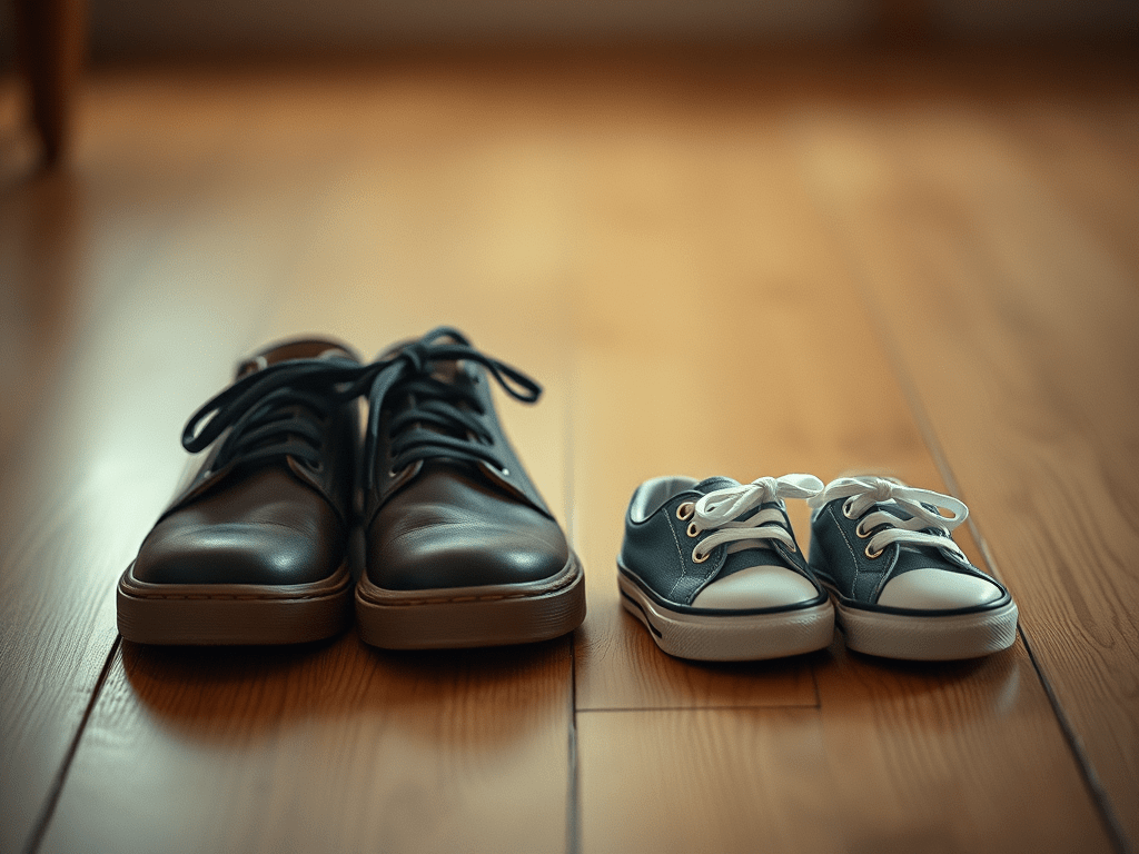 Adult and child shoes side by side, symbolizing early maturity and reclaiming youth.
