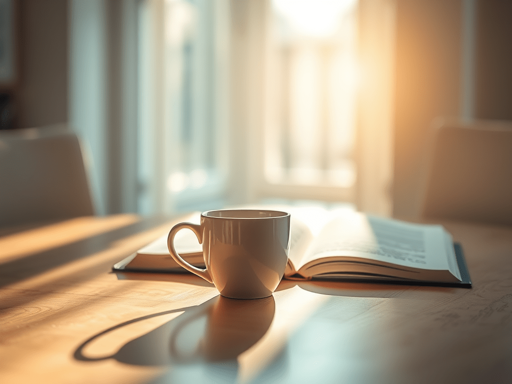 Coffee mug and open journal in morning light, representing peace and emotional boundaries.
