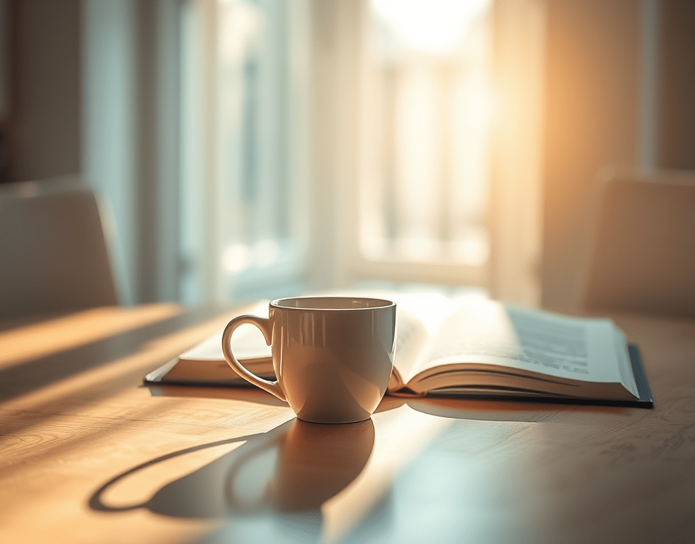Coffee mug and open journal in morning light, representing peace and emotional boundaries.
