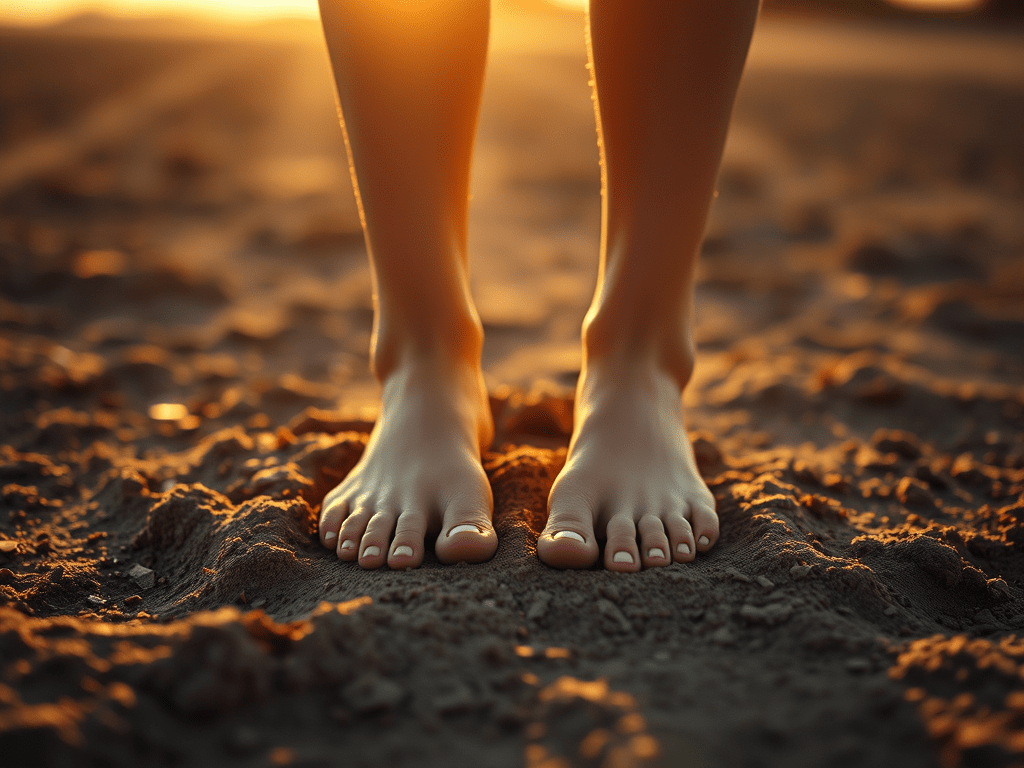 Bare feet on soft earth under a rising sun, symbolizing renewal and freedom.