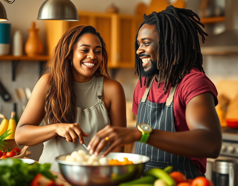 Mother and grown son laughing while cooking, representing humor, love, and connection.