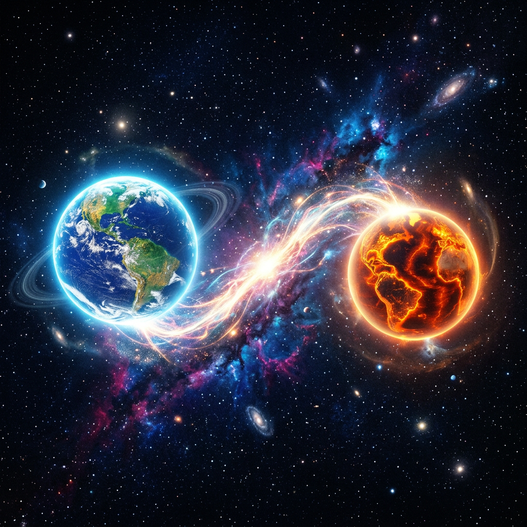 Two Earths in space connected by glowing energy streams, one Earth appears normal and the other fiery