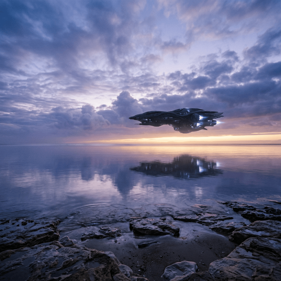 Futuristic spacecraft hovering above calm water at twilight